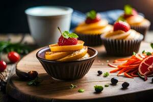 cupcakes with fruit and vegetables on a wooden cutting board. AI-Generated photo
