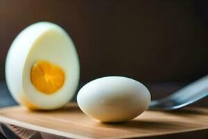 a hard boiled egg on a cutting board. AI-Generated photo