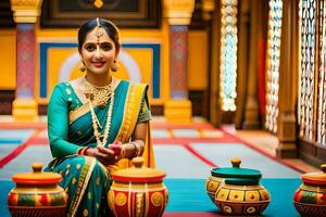 a woman in traditional sari sitting on a floor with pots. AI-Generated photo