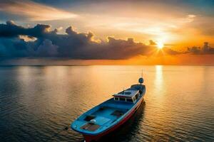 un barco en el Oceano a puesta de sol. generado por ai foto