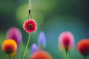 a flower hanging from a string in front of a field of colorful flowers. AI-Generated photo