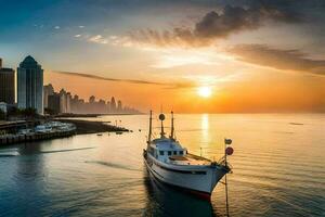 a boat in the water at sunset with the city skyline in the background. AI-Generated photo