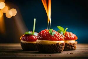 small desserts with berries and mint on a wooden table. AI-Generated photo