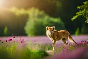 photo wallpaper the sun, flowers, the forest, the field, the wolf, the wolf,. AI-Generated