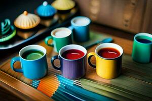 colorful cups of tea sit on a table. AI-Generated photo