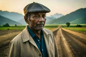 an old man standing in the middle of a dirt road. AI-Generated photo