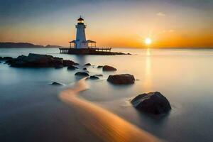 a lighthouse stands in the water at sunset. AI-Generated photo