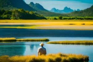 a man in a hat stands in the middle of a river. AI-Generated photo