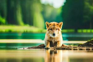 a wolf sitting on the shore of a lake. AI-Generated photo