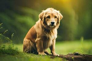 a golden retriever sitting on the grass in the sun. AI-Generated photo