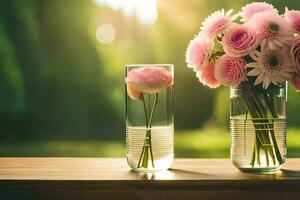 two vases with pink flowers sitting on a table. AI-Generated photo