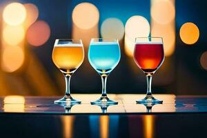 three glasses of different colored drinks on a table. AI-Generated photo