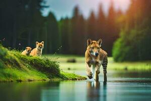 foto fondo de pantalla el bosque, animales, el sol, el agua, el animales, el lobo,. generado por ai