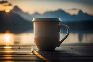 coffee cup on the dock, lake, mountains, sunrise, the sun, the mountains,. AI-Generated photo