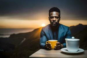 a man in a suit holding a cup of coffee and a saucer. AI-Generated photo