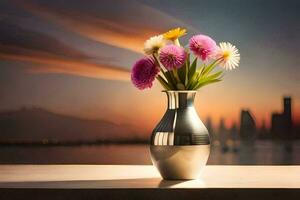 a vase with flowers on a table in front of a city skyline. AI-Generated photo