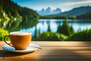 café taza en el mesa con lago y montañas en el antecedentes. generado por ai foto