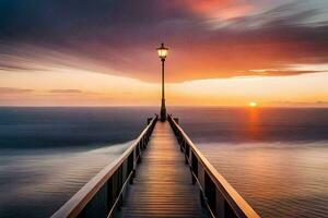 a long exposure photograph of a pier with a light post. AI-Generated photo