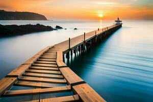 a wooden pier with a lighthouse at sunset. AI-Generated photo