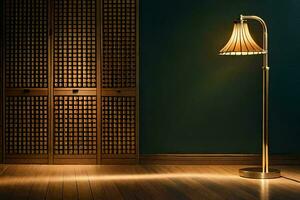 un lámpara en un oscuro habitación con de madera paredes generado por ai foto