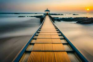 a long exposure photo of a pier at sunset. AI-Generated