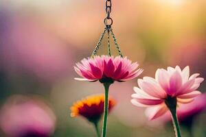pink flowers hanging from a chain in front of a sunlit background. AI-Generated photo