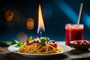 spaghetti with tomato sauce and a candle on a plate. AI-Generated photo