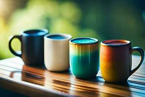 five colorful coffee mugs on a wooden table. AI-Generated photo