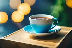 a cup of tea on a wooden tray. AI-Generated photo
