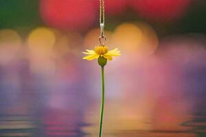 a yellow flower hanging from a necklace in the water. AI-Generated photo