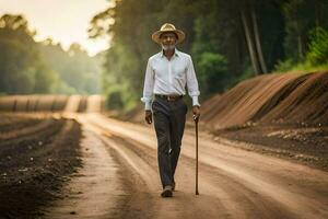 un antiguo hombre caminando abajo un suciedad la carretera. generado por ai foto
