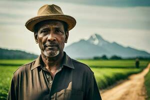 a man in a hat stands in a field with mountains in the background. AI-Generated photo