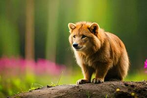 a lion is standing on a rock in a forest. AI-Generated photo