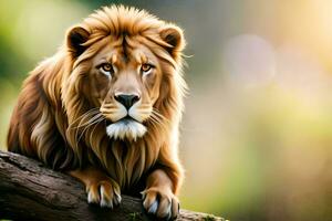 a lion is sitting on a branch in the wild. AI-Generated photo