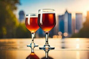 two glasses of red wine on a table in front of a city skyline. AI-Generated photo