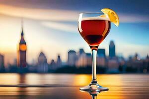 cocktail in a glass with city skyline in the background. AI-Generated photo