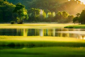 el Dom sube terminado un lago en el medio de un bosque. generado por ai foto