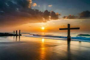 the cross on the beach. AI-Generated photo
