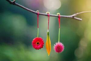 three colorful flowers hang from a branch. AI-Generated photo