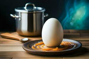 an egg sits on a plate next to a pot. AI-Generated photo