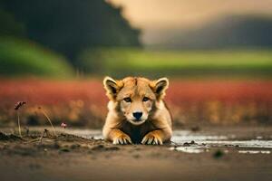 a young lion cub sitting in the mud. AI-Generated photo