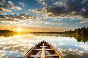 a canoe is floating on a calm lake at sunset. AI-Generated photo