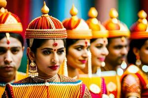 indio mujer en tradicional atuendo con vistoso tocados generado por ai foto