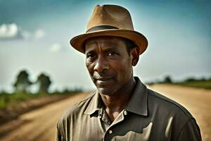 a man wearing a hat stands on a dirt road. AI-Generated photo