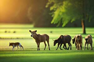 a herd of horses grazing in a field. AI-Generated photo