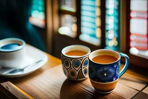 two cups of tea sit on a table in front of a window. AI-Generated photo