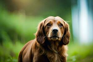 un marrón perro es en pie en el césped. generado por ai foto