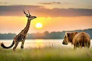 a giraffe and a zebra standing in the grass at sunset. AI-Generated photo