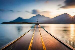a long exposure photograph of a dock with mountains in the background. AI-Generated photo