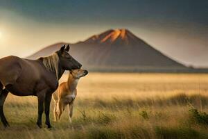 un caballo y sus bebé son en pie en un campo. generado por ai foto